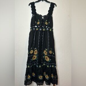 FARM Rio Black Midi Dress with Yellow and Green Floral Accents